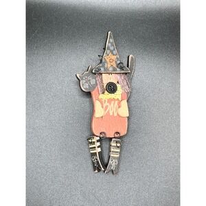 Vtg Wooden Witch Cat Halloween Brooch Pin Festive Spooky Boo Witchcore Folk Art
